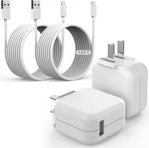 10 Feet Charger for iPad iPhone,2Pack Foldable Portable Travel Plug,Fast Charging Cube 12W Foldable Block with 2Pack 10FT Long USB to Lightning Cable,Fast Charging for iPhone, iPad/Mini/Air,AirPods