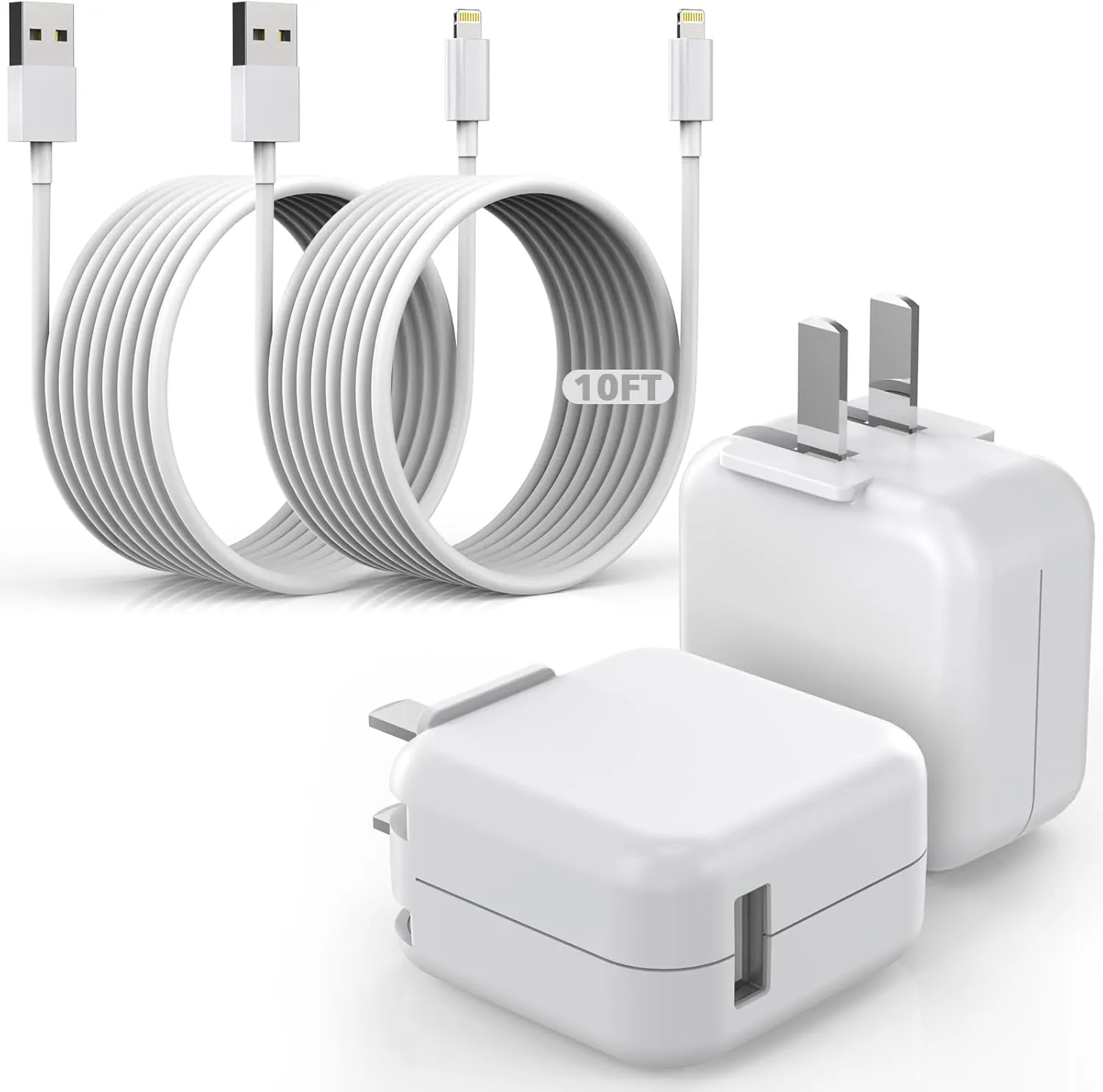 10 Feet Charger for iPad iPhone,2Pack Foldable Portable Travel Plug,Fast Charging Cube 12W Foldable Block with 2Pack 10FT Long USB to Lightning Cable,Fast Charging for iPhone, iPad/Mini/Air,AirPods
