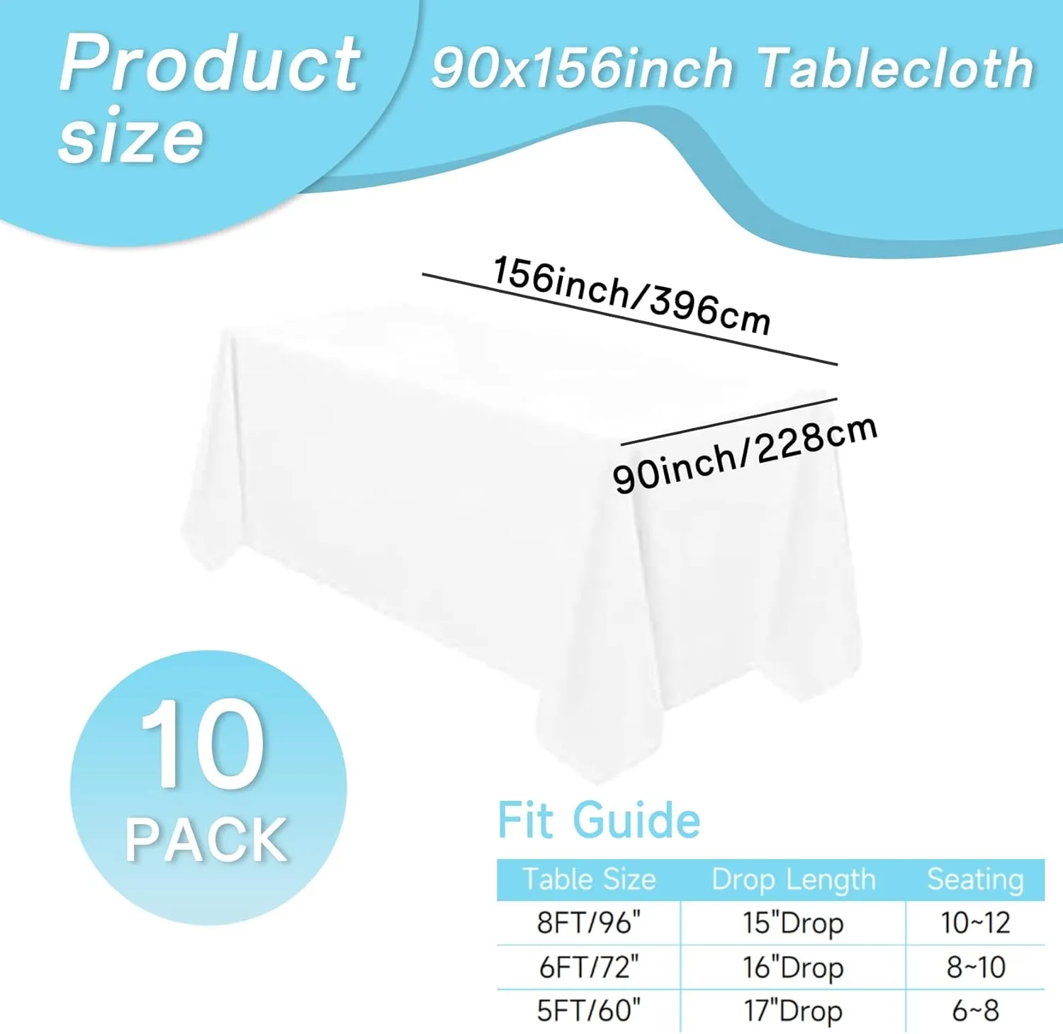 10 Pack White Tablecloth 90x156 Inch Rectangle Tablecloth Rectangular Polyester Table Cloth Stain and Wrinkle Resistant Washable Fabric Table Covers for Wedding Parties