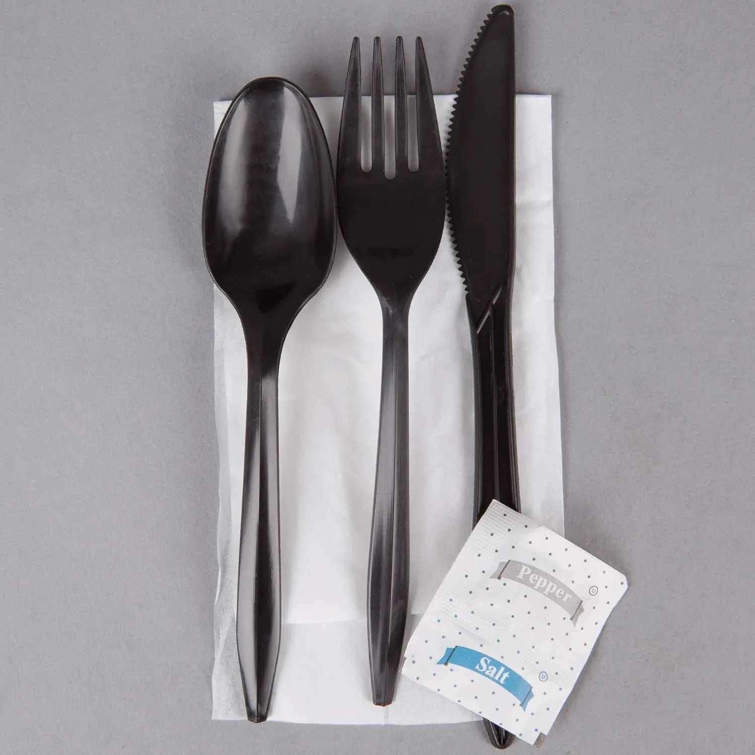 100 Pack Medium Weight Wrapped Black Plastic Cutlery Pack with Napkin and Salt/Pepper Packets (Black)