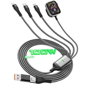 100W Multi Charging Cable for Apple Watch Charger, 10FT 4 in 2 Universal Travel Charger Cord with Lightning/Micro/Type C/iWatch Charger for iPhone, iPad, Tablets, Apple Watch-Black