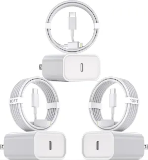 10Foot Fast iPhone Charging Cable,3-Pack Super Fast iPhone Charger USB C Charging Block Wall Charger PD Adapter with 10FT Type C to Lightning Cable Cord for iPhone 14/13/12/11Pro Max/XS Max/XS/XR/8/SE