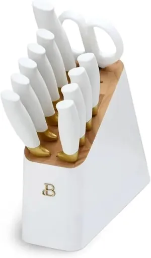 12 Piece Knife Block Set with Soft-Grip Ergonomic Handles White and Gold by Drew Barrymore