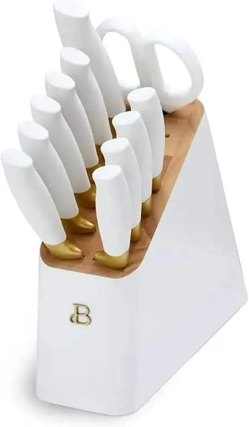 12 Piece Knife Block Set with Soft-Grip Ergonomic Handles White and Gold by Drew Barrymore