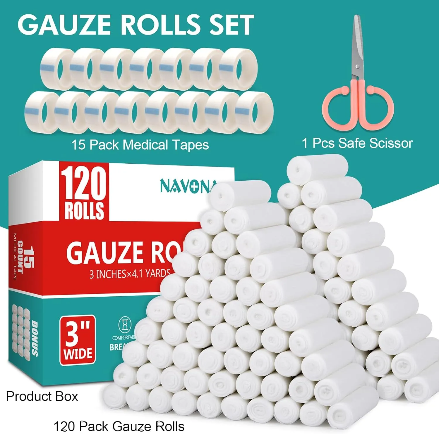 120 Pack Gauze Rolls Bandages, 3 in x 4.1 Yards, Individually Wrapped Breathable Rolled Gauze, Mummy Wraps, Premium First Aid Supplies & Medical Supplies for Wounds