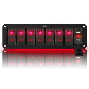 12V 24V Rocker Switch Panel 7 Gang Toggle Switches Waterproof ON/Off Red LED Backlight with 4.8 Amps Dual USB Voltmeter for Boat Car Marine Truck Trailer Caravan