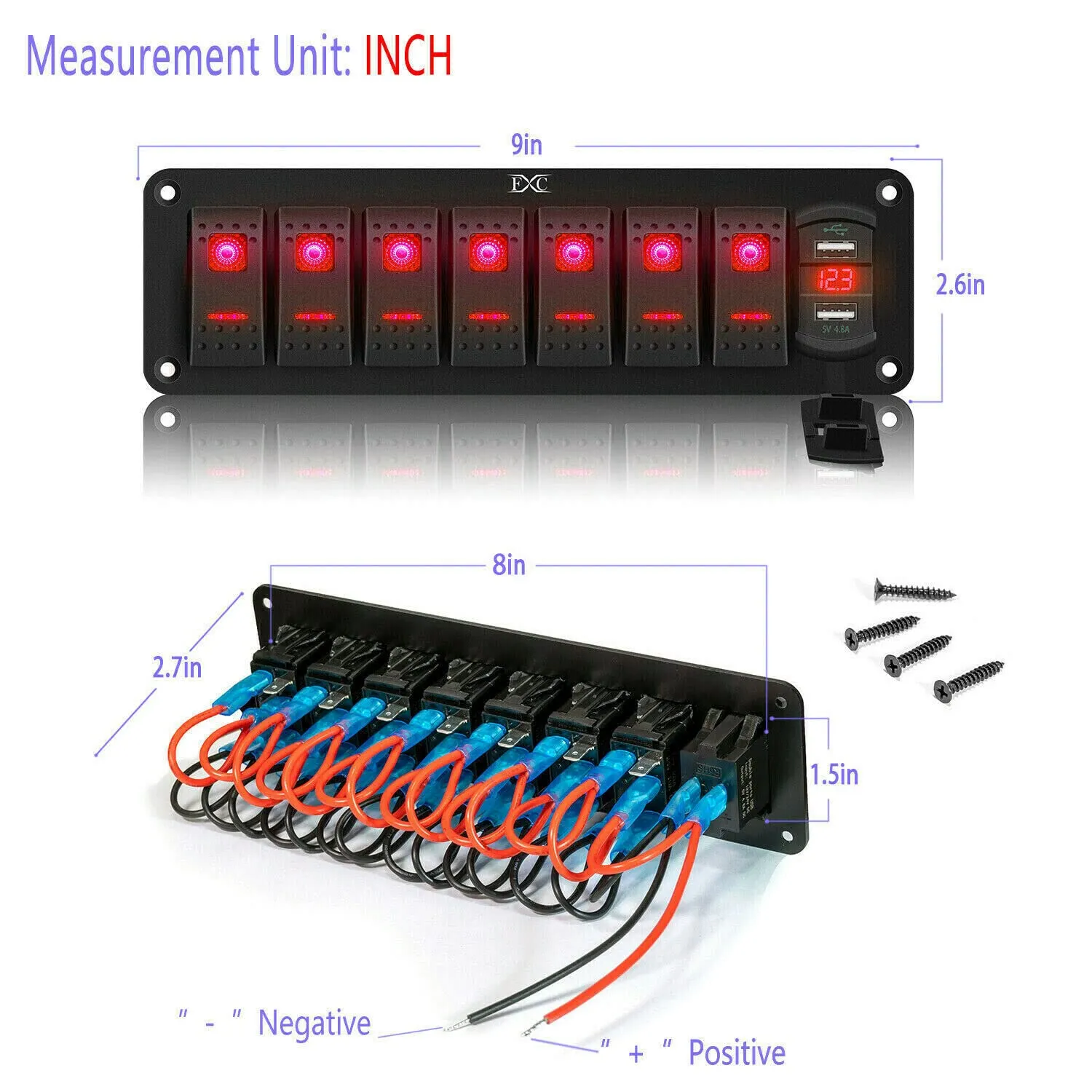 12V 24V Rocker Switch Panel 7 Gang Toggle Switches Waterproof ON/Off Red LED Backlight with 4.8 Amps Dual USB Voltmeter for Boat Car Marine Truck Trailer Caravan