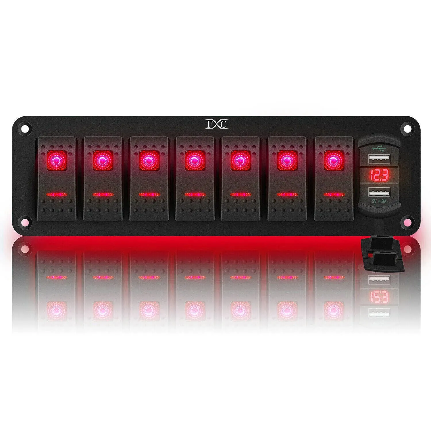 12V 24V Rocker Switch Panel 7 Gang Toggle Switches Waterproof ON/Off Red LED Backlight with 4.8 Amps Dual USB Voltmeter for Boat Car Marine Truck Trailer Caravan