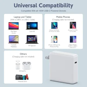 140W USB C Fast Charger, MacBook Pro 16 14 inch 2023 2022 2021 M3 M2 M1, MacBook Air 13 15 inch 2022 2023 2024 Power Supply Adapter, Included USB C-C Cord(6.6ft/2m)