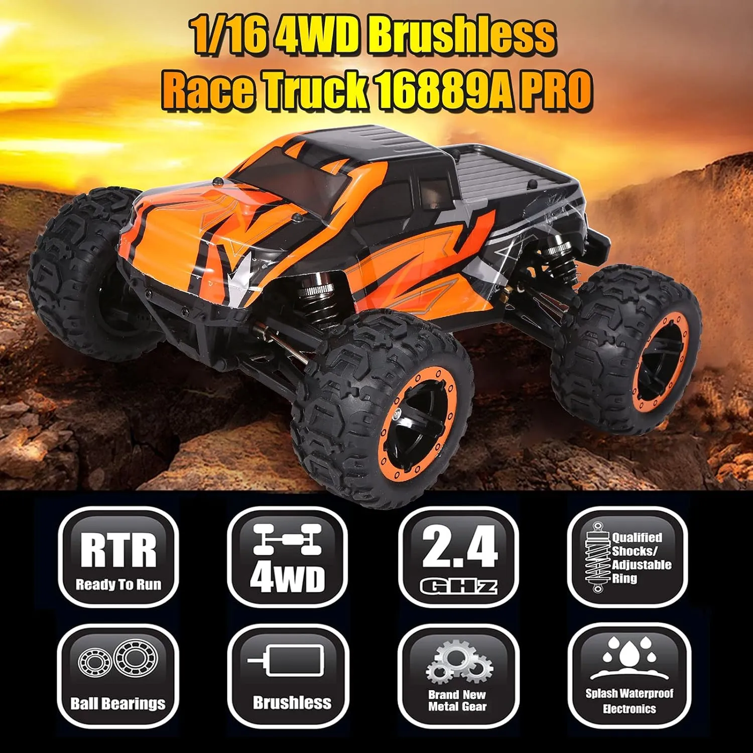 16889A Pro RC Cars, 1:16 Scale Remote Control Car, 4WD 45KM/H High Speed Brushless Motor RC Truck, 2.4GHz All Terrains Off-Road Electric Toy Vehicle with 3 Batteries for Kids and Adults