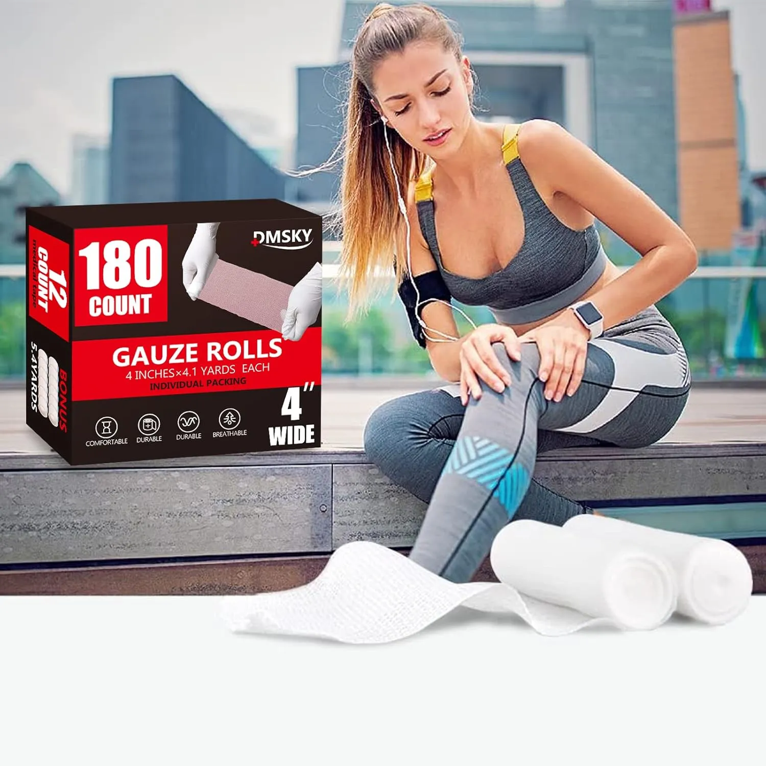 180 Pack Gauze Rolls, 4 in x 4.1 Yards, Individually Wrapped Breathable Rolled Gauze, Premium First Aid Supplies & Medical Supplies for Wounds