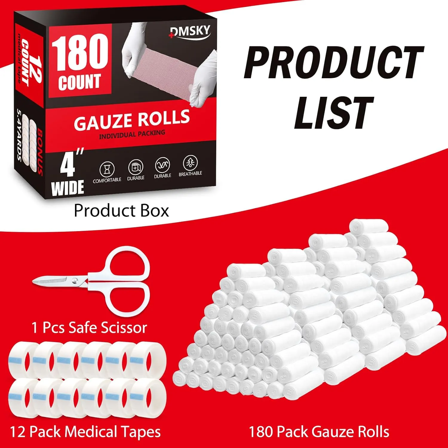 180 Pack Gauze Rolls, 4 in x 4.1 Yards, Individually Wrapped Breathable Rolled Gauze, Premium First Aid Supplies & Medical Supplies for Wounds