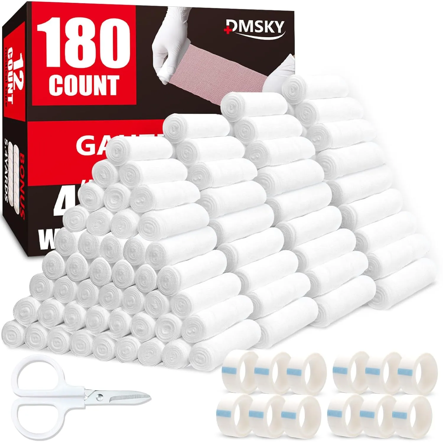 180 Pack Gauze Rolls, 4 in x 4.1 Yards, Individually Wrapped Breathable Rolled Gauze, Premium First Aid Supplies & Medical Supplies for Wounds