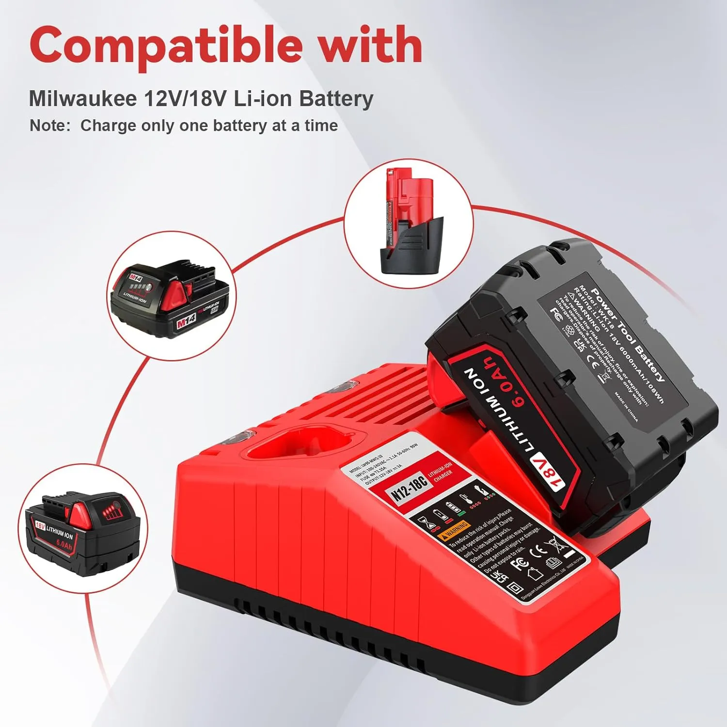 18V 6Ah Battery and N12-18C Dual Port Charger Set for Milwaukee Tools M12 Mk-18 48-11-1850 48-11-1860 48-11-1820 48-11-1840 48-11-1815 48-11-1830 48-11-1870 Fast Charging