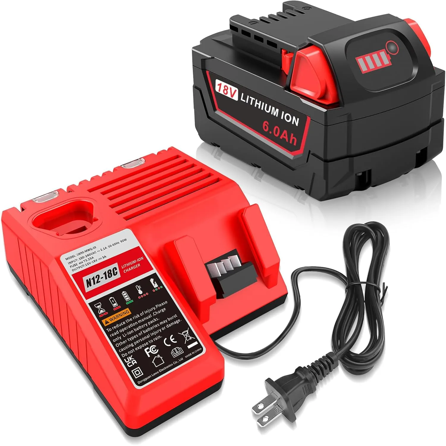 18V 6Ah Battery and N12-18C Dual Port Charger Set for Milwaukee Tools M12 Mk-18 48-11-1850 48-11-1860 48-11-1820 48-11-1840 48-11-1815 48-11-1830 48-11-1870 Fast Charging