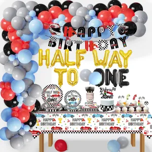 198 Pcs Race Car Half Way to First Birthday Party Supplies Decorations - Racing 1/2 Way to One Plates Cups Tablecover Cake Toppers Banner Balloons Arch for Racing Theme Boys 6 Months Bday Party Favor