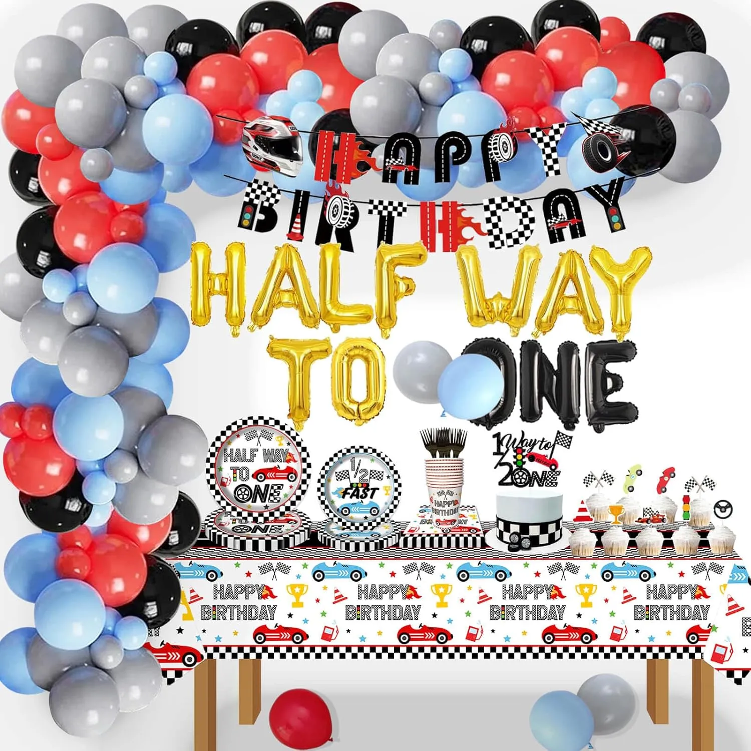198 Pcs Race Car Half Way to First Birthday Party Supplies Decorations - Racing 1/2 Way to One Plates Cups Tablecover Cake Toppers Banner Balloons Arch for Racing Theme Boys 6 Months Bday Party Favor