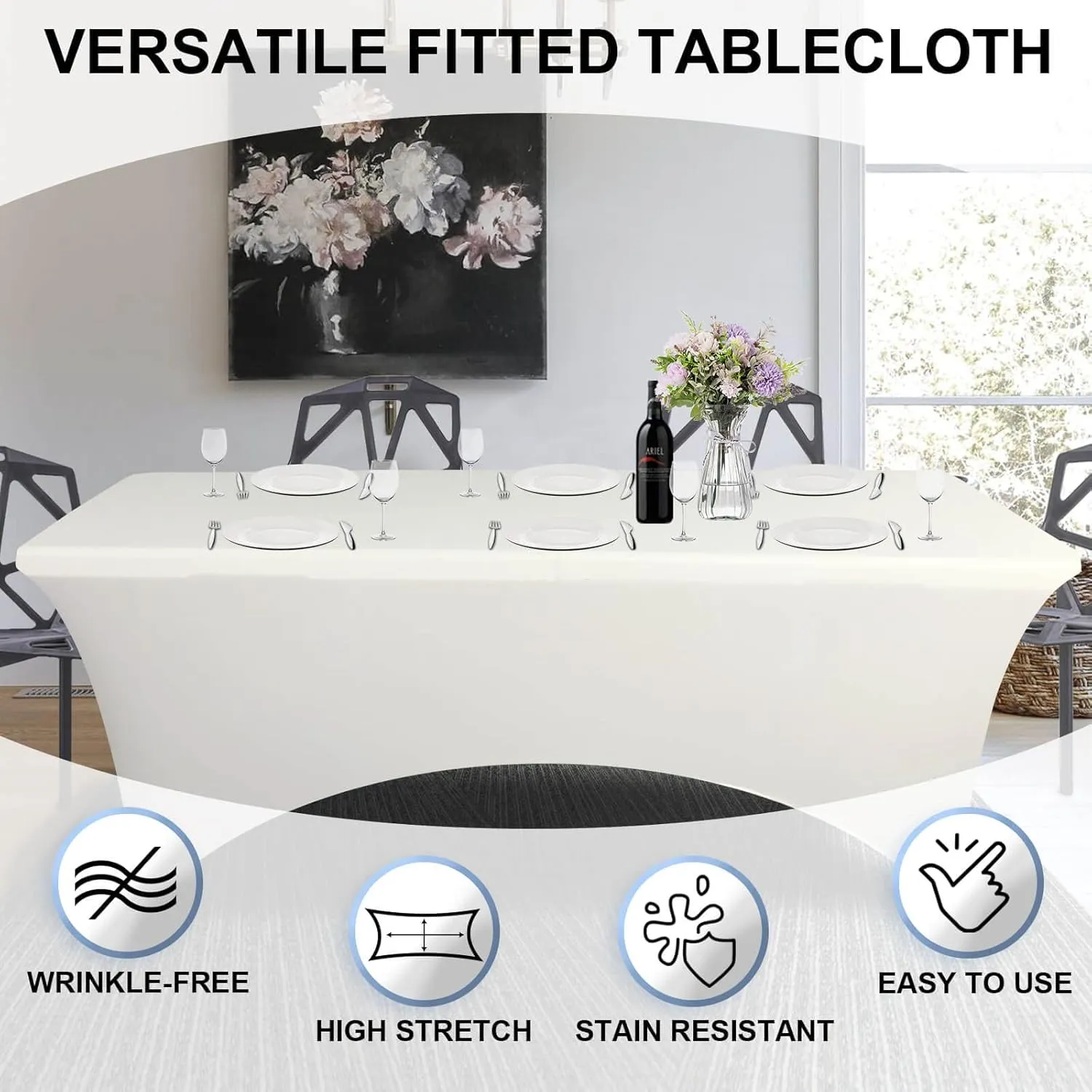 1PCS Fitted Tablecloth Black Table Clothes for 8 Foot Rectangle Table Bed Table Cover, Stretch Wrinkle Free Table Covers for Party,Events, Wedding, Birthday, Banquet, Vendor (Gold)