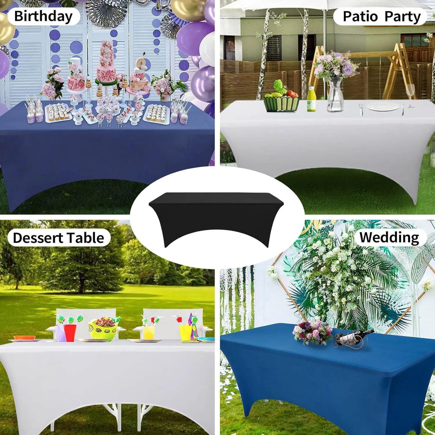 1PCS Fitted Tablecloth Black Table Clothes for 8 Foot Rectangle Table Bed Table Cover, Stretch Wrinkle Free Table Covers for Party,Events, Wedding, Birthday, Banquet, Vendor (Gold)