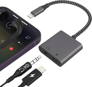 2 in 1 Apple Dongle Headphone Jack and Charger, Lightning to 3.5mm Jack Audio Adapter, iPhone Microphone Adapter for Live-Streaming, Charger Lightning Splitter Dongle for iPhone 14/13/12/11/ iPad/iOS