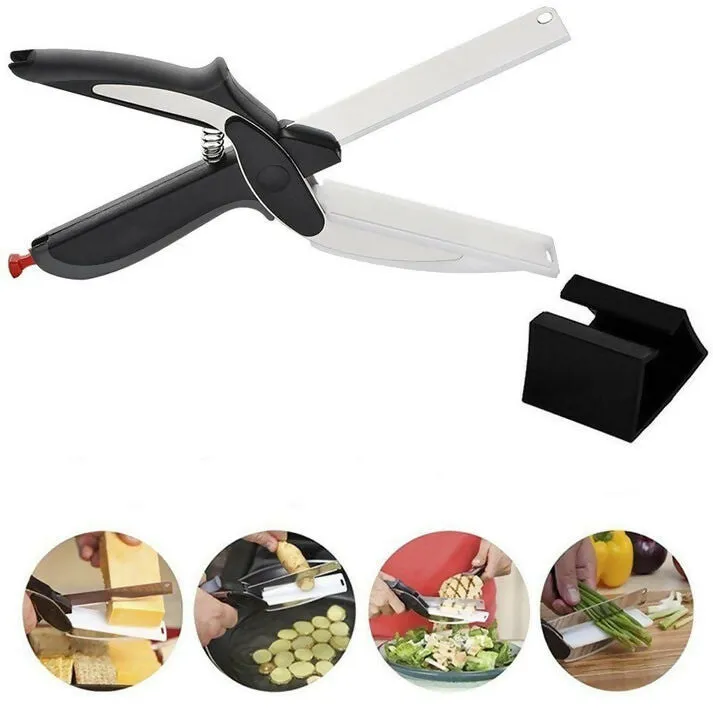 2-in-1 Knife & Cutting Board Scissors Stainless Steel, All-Purpose (Black/Silver)