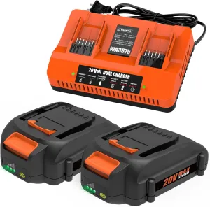 2-Pack 20V 3.5Ah Battery and WA3875 Dual Port Charger Replace for W0RX 20V Battery WA3520 WA3525 WA3575 WA3578 and W0RX 20 Volt Charger