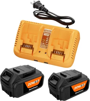 2 Pack 20V 6.0Ah Batteries for Dewalt 20v Max Battery and 2-Ports for Dewalt Battery Charger Replacement Charging Combo Kit Compatible with OEM 20v Batteries and Power Tools