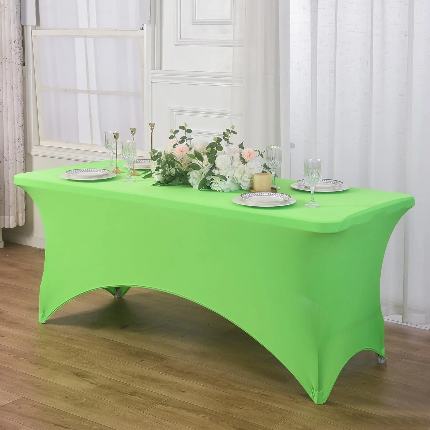 2 Pack 6ft Stretch Spandex Grass Green Table Cover for Standard Folding Tables - Universal Rectangular Fitted Tablecloth Protector for Wedding, Banquet and Party