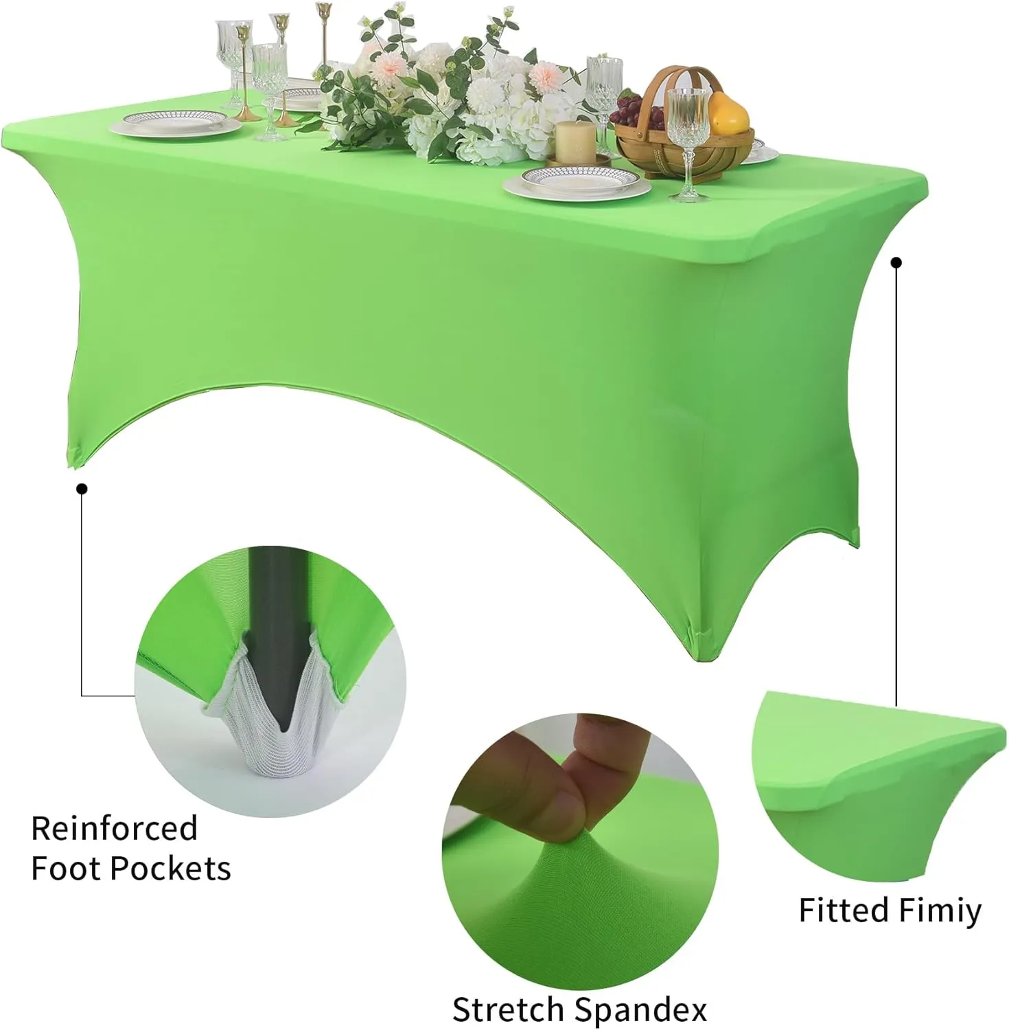 2 Pack 6ft Stretch Spandex Grass Green Table Cover for Standard Folding Tables - Universal Rectangular Fitted Tablecloth Protector for Wedding, Banquet and Party