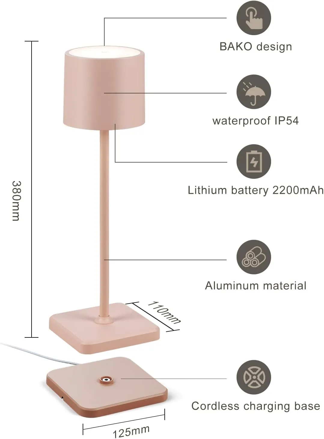 2 Pack Cordless Table Lamp Rechargeable, Wireless Charging LED Table Lamp, IP54 Waterproof Aluminum Bedside Light, Touch Control, Suitable for Indoor and Outdoor Use, Pink