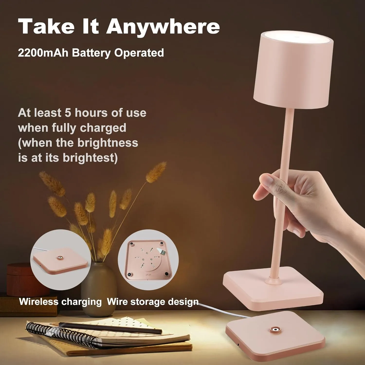 2 Pack Cordless Table Lamp Rechargeable, Wireless Charging LED Table Lamp, IP54 Waterproof Aluminum Bedside Light, Touch Control, Suitable for Indoor and Outdoor Use, Pink