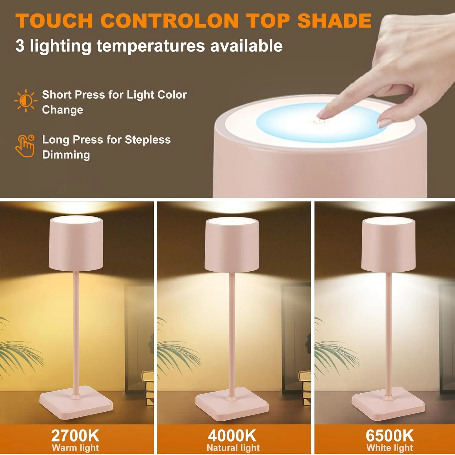 2 Pack Cordless Table Lamp Rechargeable, Wireless Charging LED Table Lamp, IP54 Waterproof Aluminum Bedside Light, Touch Control, Suitable for Indoor and Outdoor Use, Pink