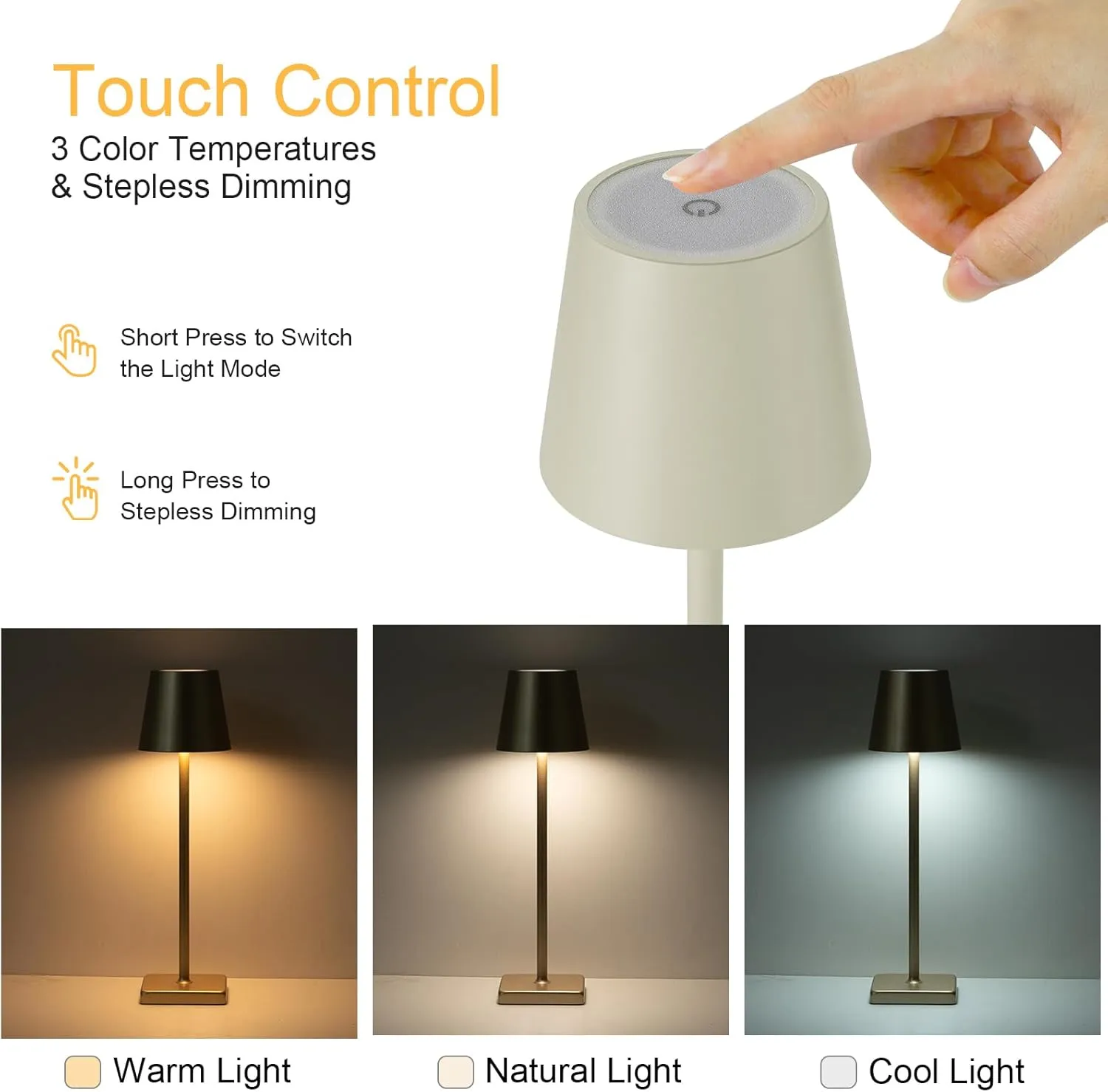 2 Pack Rechargeable Cordless Table Lamps, 5200mAh Battery Touch Table Light, Aluminum Shell Stepless Dimmable Portable LED Desk Lamp for Dinner/Restaurant/Outdoor Cream