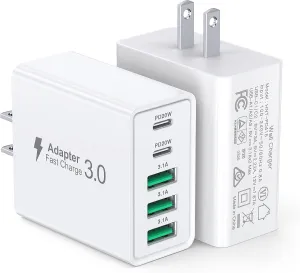 [2-Pack] USB C Wall Charger, 50W 5-Port PD Fast USB C Charging Block,2USB C 3USB A Multiport Plug,Type C Power Adapter Brick Cube for iPhone 16/15/14/13/12/Pro Max/XS,iPad,for Switch,Samsung,Ultra 2