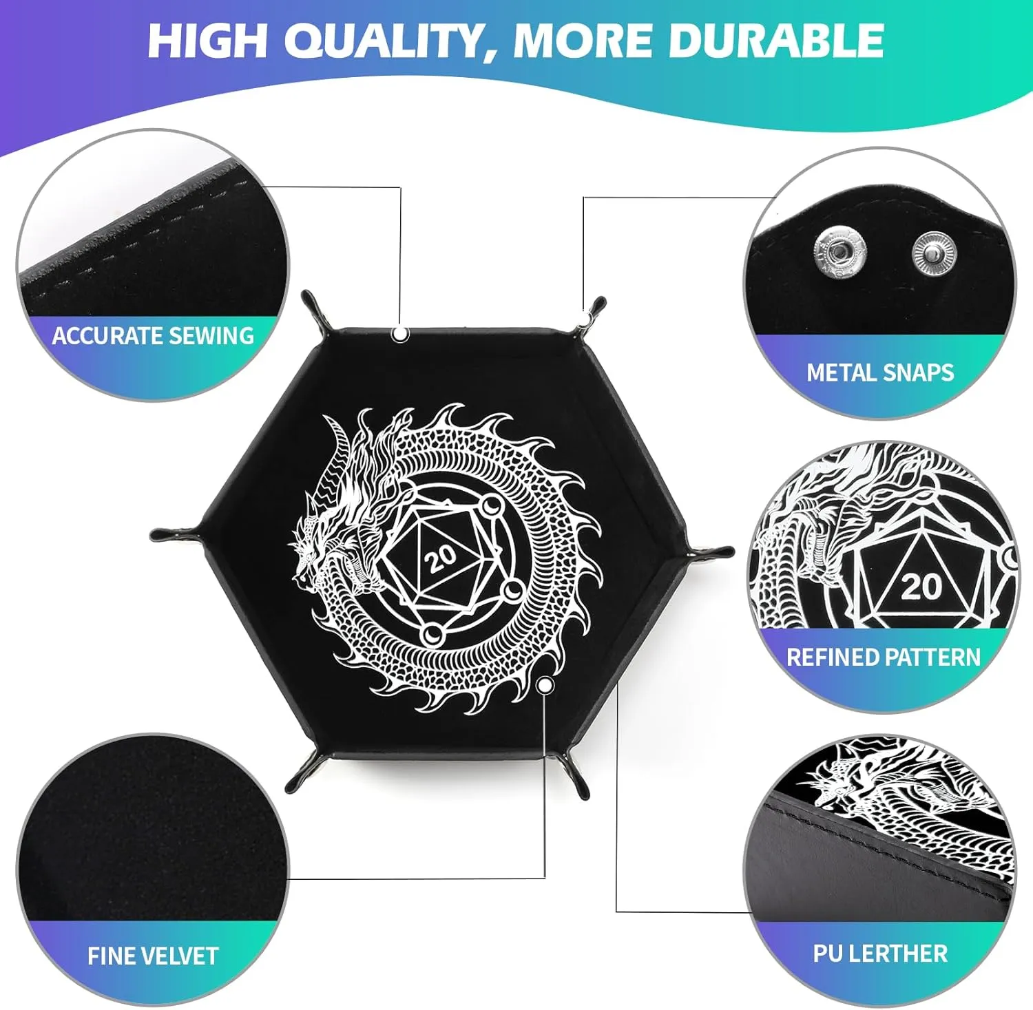2 Pcs Portable Folding Dice Rolling Tray Set for RPG DND Table Games - PU Leather and Velvet Holder Storage Box - Dragon and Phoenix