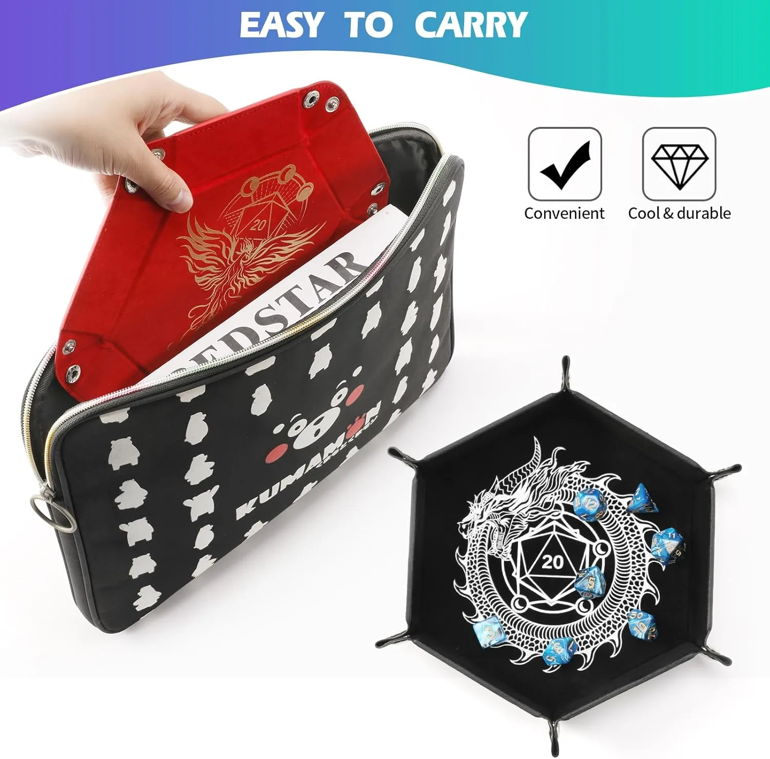 2 Pcs Portable Folding Dice Rolling Tray Set for RPG DND Table Games - PU Leather and Velvet Holder Storage Box - Dragon and Phoenix