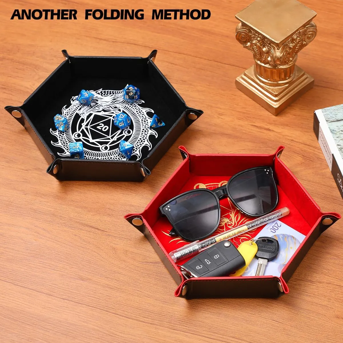 2 Pcs Portable Folding Dice Rolling Tray Set for RPG DND Table Games - PU Leather and Velvet Holder Storage Box - Dragon and Phoenix