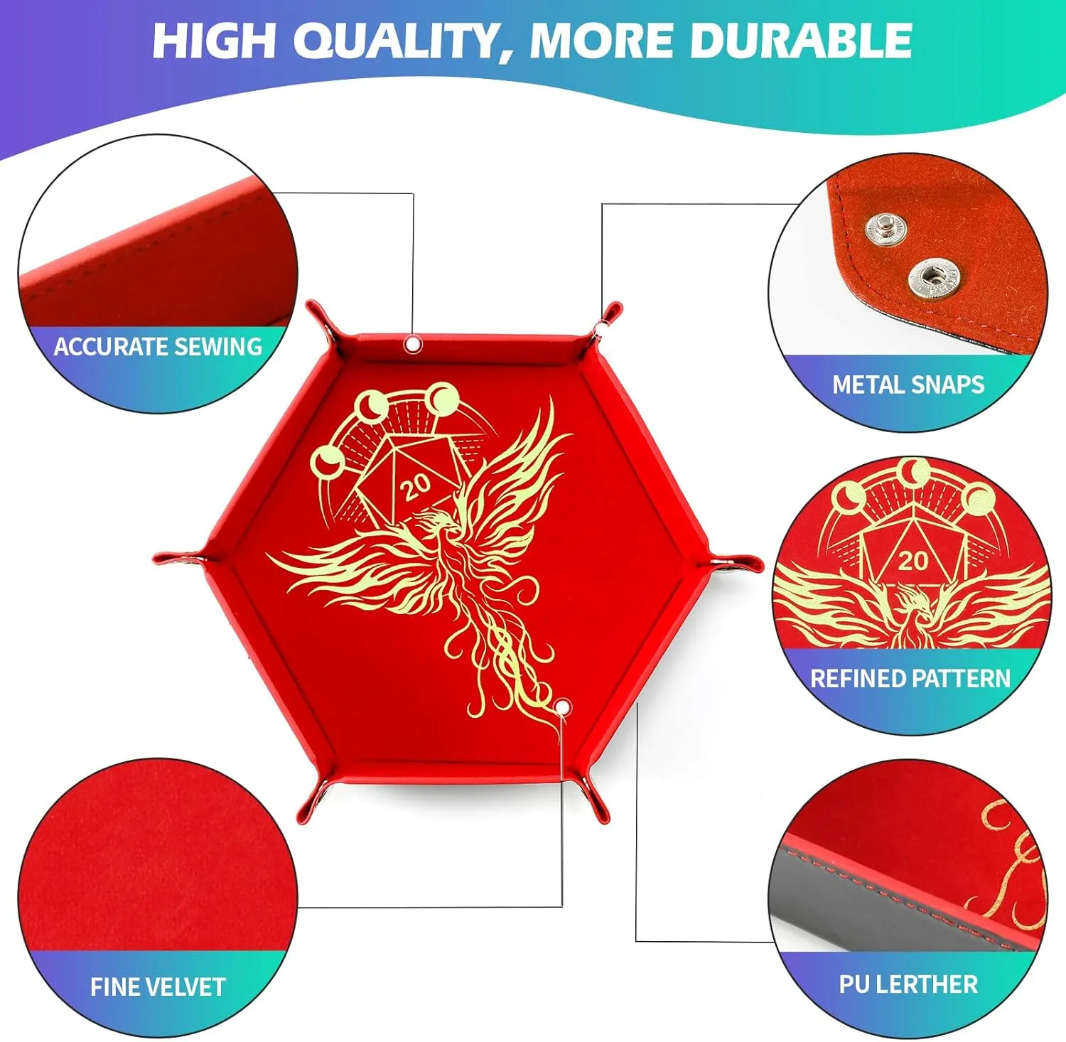 2 Pcs Portable Folding Dice Rolling Tray Set for RPG DND Table Games - PU Leather and Velvet Holder Storage Box - Dragon and Phoenix