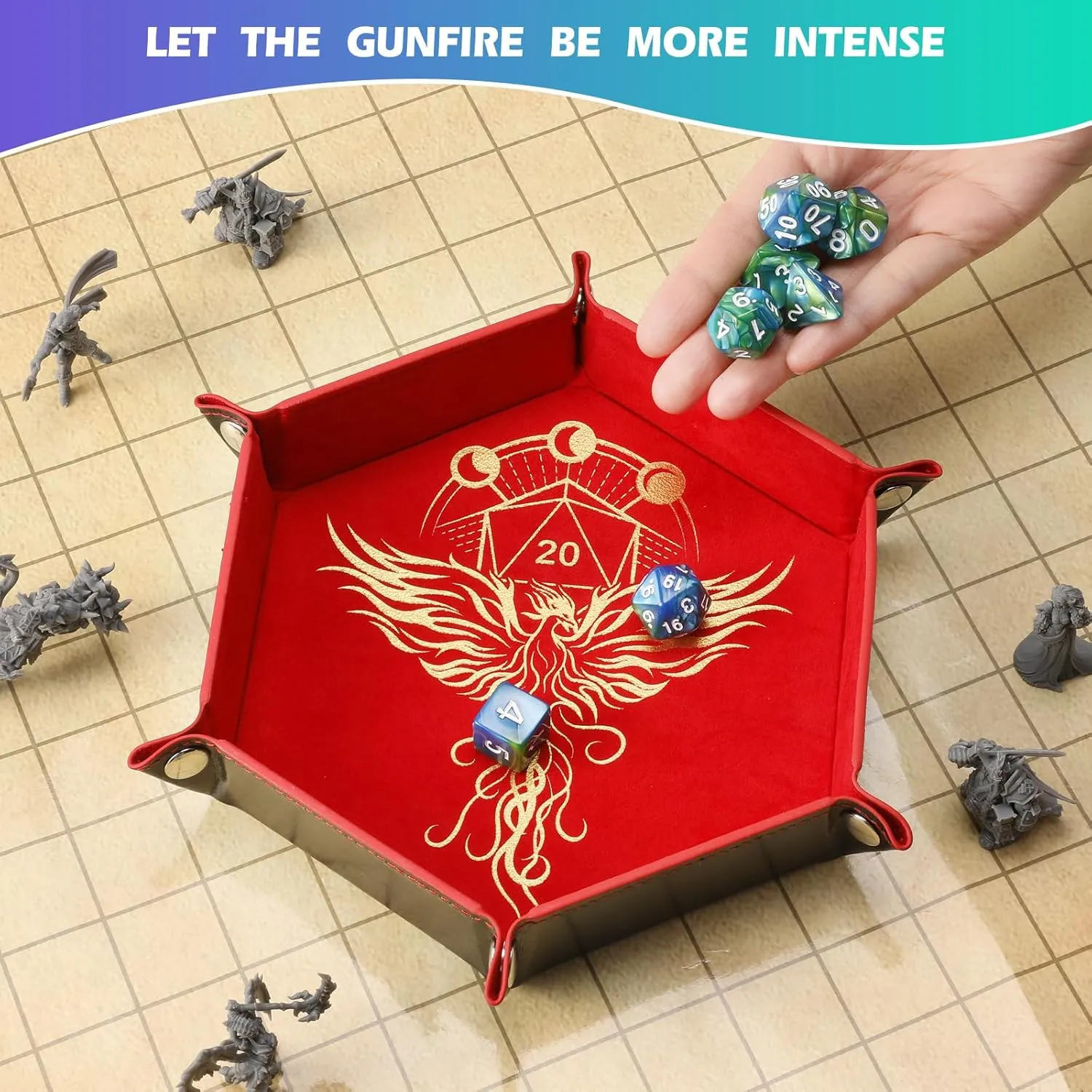 2 Pcs Portable Folding Dice Rolling Tray Set for RPG DND Table Games - PU Leather and Velvet Holder Storage Box - Dragon and Phoenix