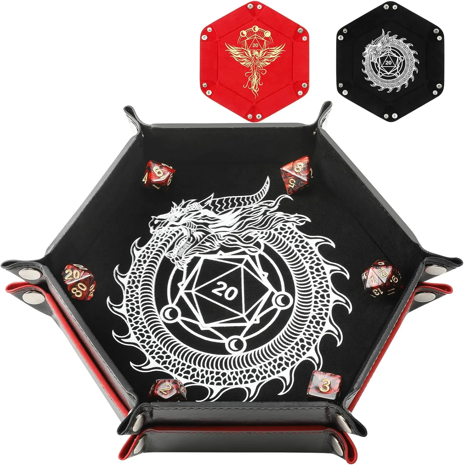 2 Pcs Portable Folding Dice Rolling Tray Set for RPG DND Table Games - PU Leather and Velvet Holder Storage Box - Dragon and Phoenix