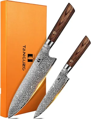 2-Piece Chef Knife Set - Razor Sharp 8'' & 5'' Japanese Damascus Kitchen Knives with 9CR18MOV High Carbon Steel, Pakkawood Handle, Professional Hand Forged Kitchen Knife with Premium Gift Box