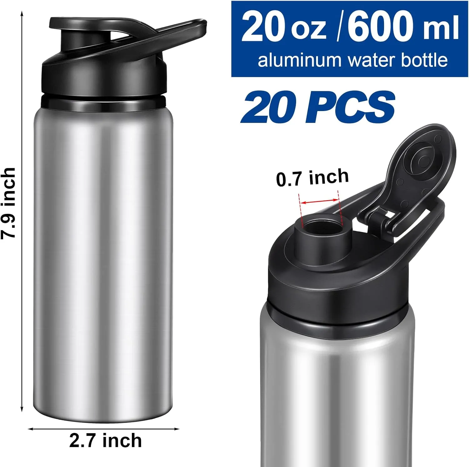 20 Pack Aluminum Water Bottles 20 Oz Metal Sports Bottles with Snap Lids Portable Bike Water Reusable Travel Container with Handle Bulk Pack School Supplies
