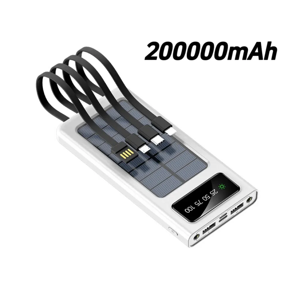 200000mAh Solar Power Bank Built Cables Solar Charger 2 USB Ports External Charger With LED Light For Xiaomi iphone 2023 New
