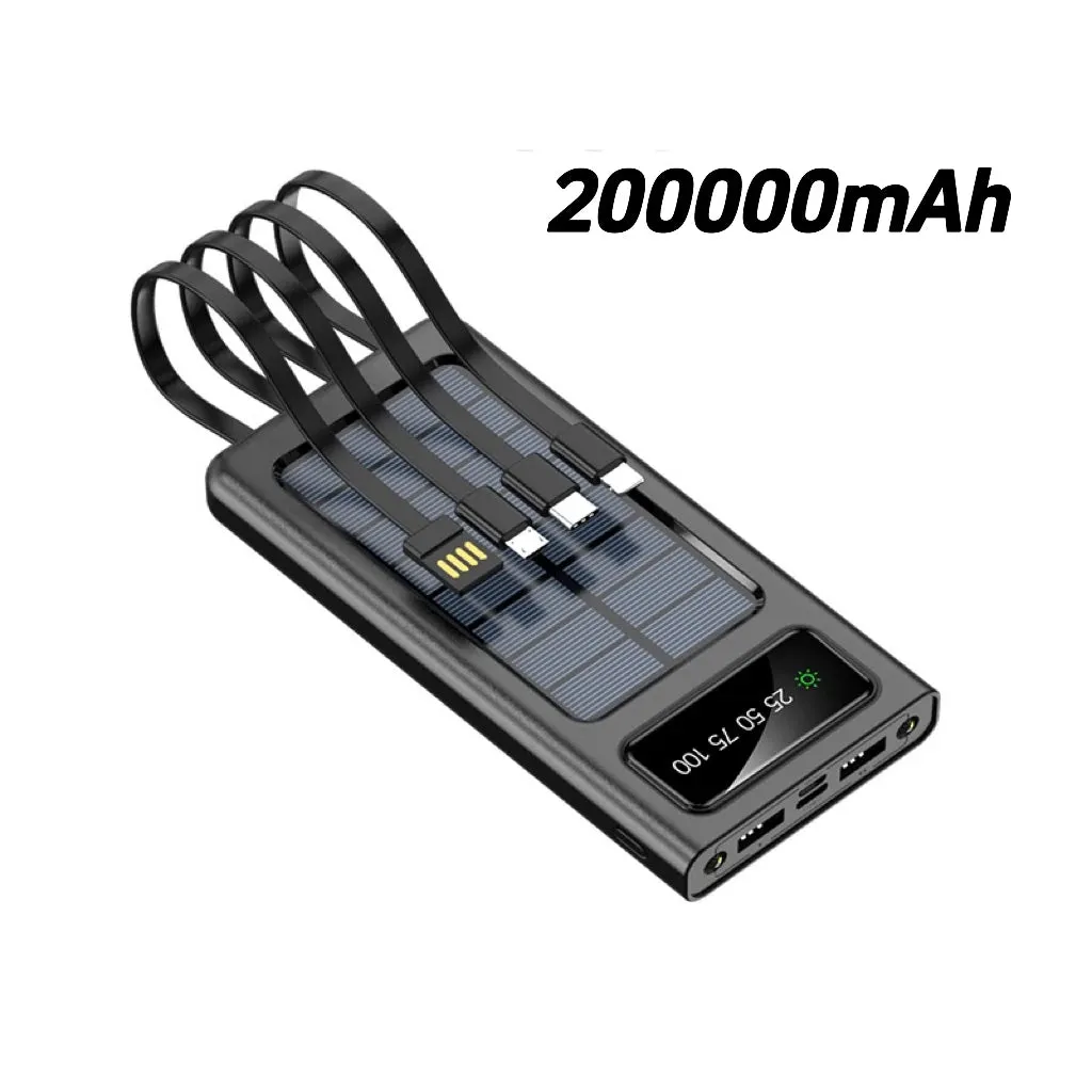 200000mAh Solar Power Bank Built Cables Solar Charger 2 USB Ports External Charger With LED Light For Xiaomi iphone 2023 New