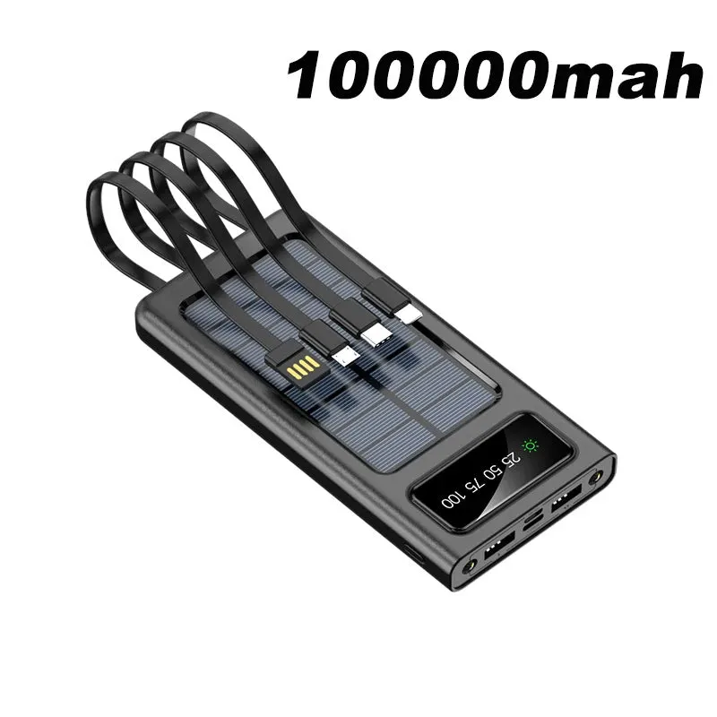 200000mAh Solar Power Bank Built Cables Solar Charger 2 USB Ports External Charger With LED Light For Xiaomi iphone 2023 New
