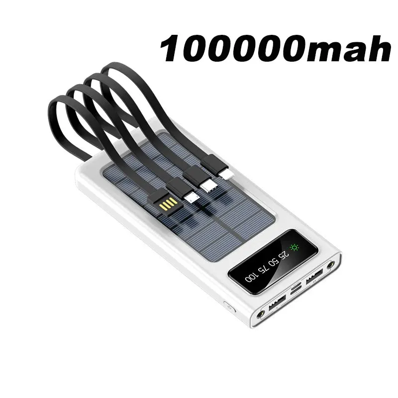 200000mAh Solar Power Bank Built Cables Solar Charger 2 USB Ports External Charger With LED Light For Xiaomi iphone 2023 New