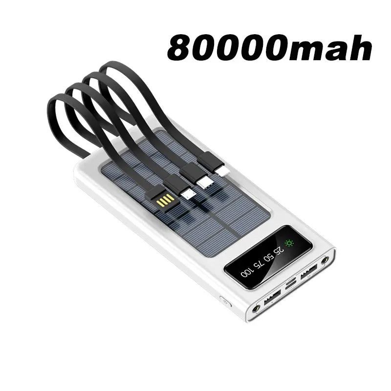 200000mAh Solar Power Bank Built Cables Solar Charger 2 USB Ports External Charger With LED Light For Xiaomi iphone 2023 New