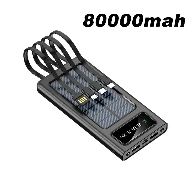 200000mAh Solar Power Bank Built Cables Solar Charger 2 USB Ports External Charger With LED Light For Xiaomi iphone 2023 New
