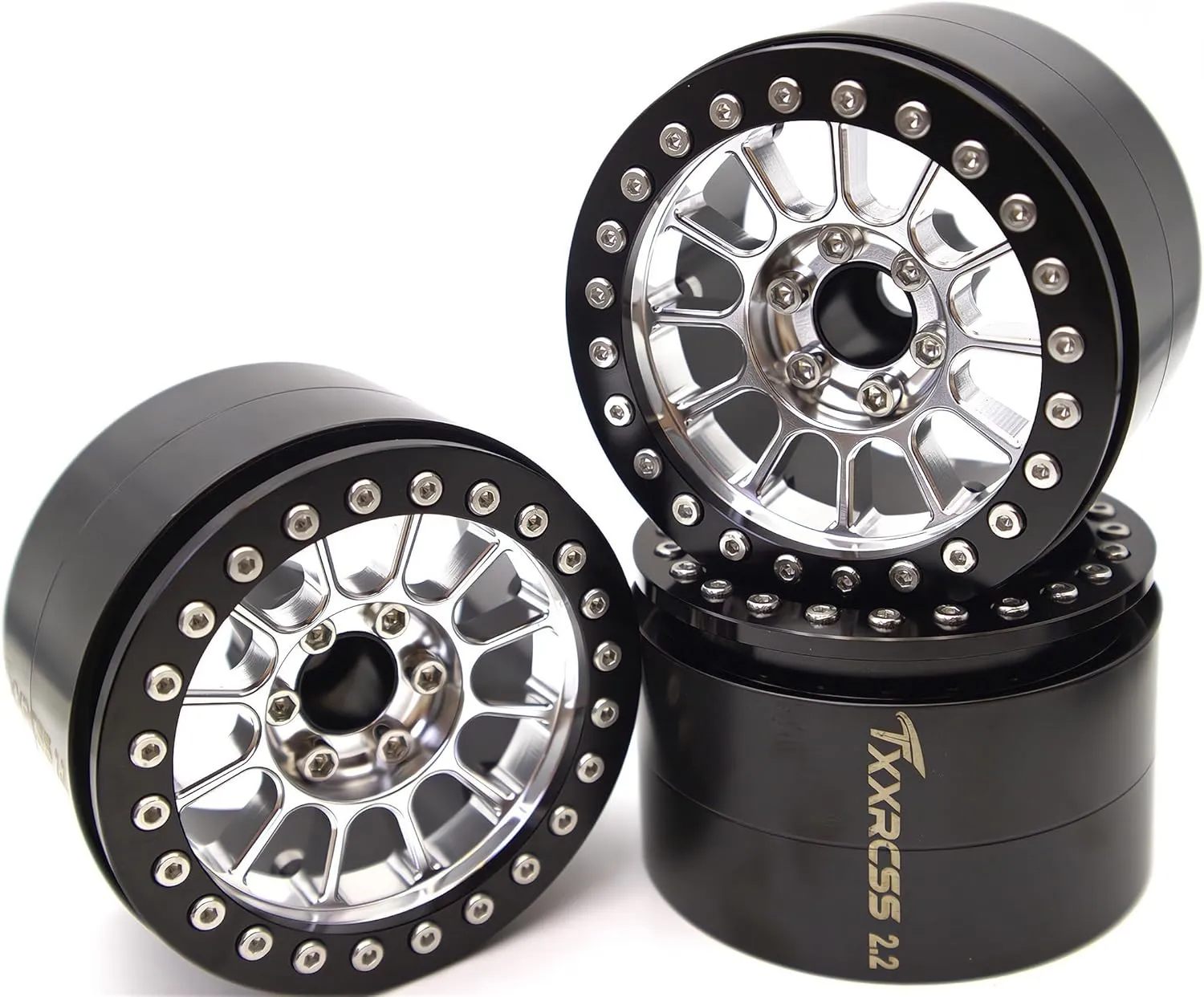 200g Super Heavy Duty RC 2.2 Beadlock Wheels 1/10 Crawler Upgrade RC Wheel 4pcs Rims Hub for Axial SCX10 Trx4m (Silver Black)