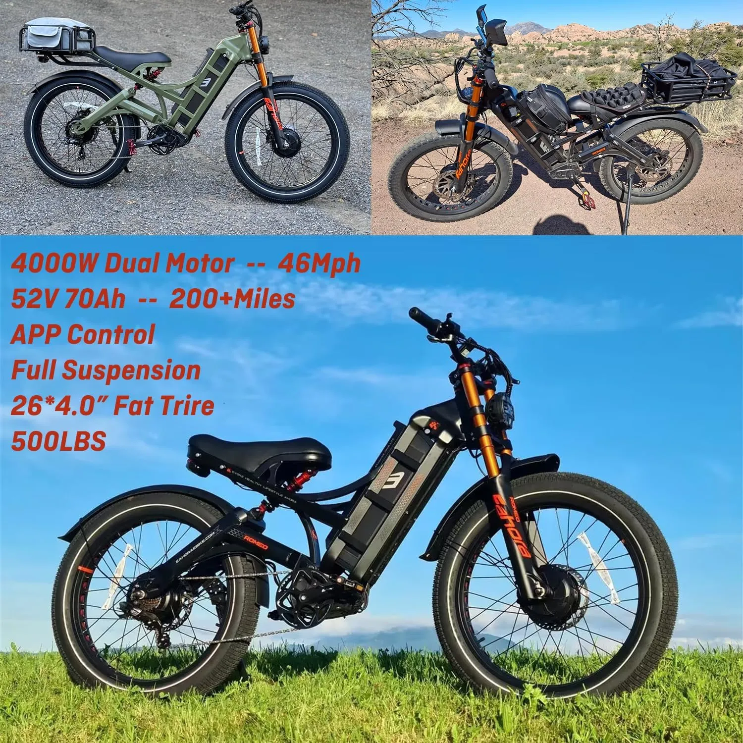 2025 Romeo Pro 2, 46mph Electric Bike for Adults, 4000W Dual Motor Ebike, 52V 70AH 200 Miles Long Range Ebike, 26 * 4.0" Fat Tire Electric Mountain Bike, Full Suspension, App Control